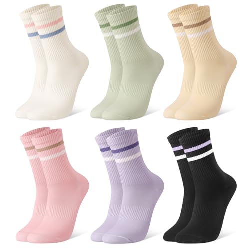 Utensilsto 6 Paare Socken Damen 39-42 Tennissocken Bunte Sportsocken Lange Baumwollsocken mit Streifen Motiv Sport Socken für Damen Lauf Arbeit