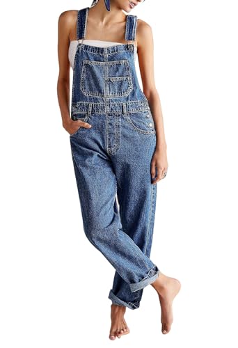 Sovoyontee Damen Denim Bib Overalls Verstellbare Träger Breite Beine Hohe Taille Jean Hosen Latzhosen Mit Taschen Dunkelblau L