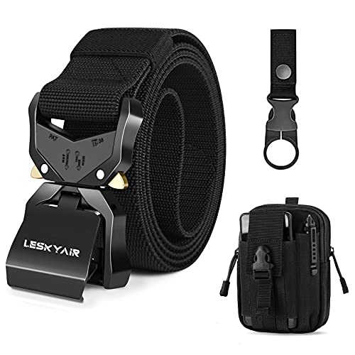 Leskyair Herren Taktischer Gürtel, Arbeitsgürtel Hochleistungsgürtel 1,5-Zoll, Militärstil Schnellverschluss Metallschnalle 38MM Breite, Geschenk mit Taktischem Molle Taschen und Wasserflaschenclip