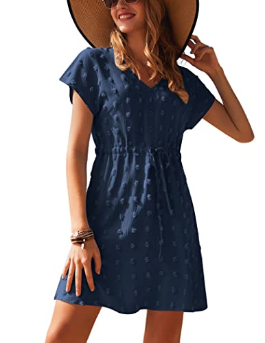 Ekouaer Sommerkleid Damen Kleider Casual V-Ausschnitt Midikleid Kurzarm A-Linie Kleid Swiss Dots Strandkleid Marineblau M