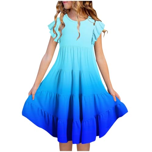 KQIVAM Mädchen Baumwolle Sternenhimmel Farbverlauf Fliegender Ärmel Kleider Sommer Freizeit Kurzarm Knielang Kleid Kurzarm Sommerkleid Strandkleid Mädchenkleid 6-15 Jahre