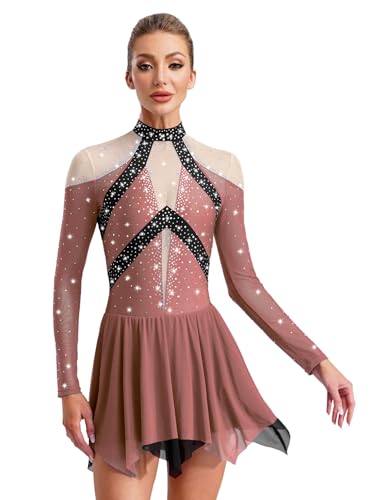 Freebily Damen Eiskunstlaufkleid Langarn Glitzer Strass Tanzkleid Mit Farbblock-Patchwork Professionelles Rollkunstlauf Gymnastik Tanzkostüm Altrosa L
