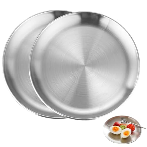 BOBOZHONG Edelstahl Rundes Geschirr,2 Stück Silber Unterteller Silber Edelstahl Teller Φ 20cm Edelstahl Teller Camping Teller Set für Esszimmer Camping Küche Party
