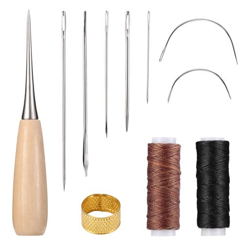 Nynkyon 11x Leder Nähset, Leder Nähgarn set mit Ahle, Wachsfaden, Nadeln und Fingerhut für DIY Nähen, Leder Werkzeug für Sofas Taschen Handtaschen Schuhe und andere Lederartikel