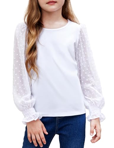 Arshiner Mädchen Langarmshirt mit gesmokten Rüschenmanschetten Polka Schweizer Dots Kinder Pullover Shirts Süßes Rundhals Oberteil Bluse für Mädchen Weiß 150