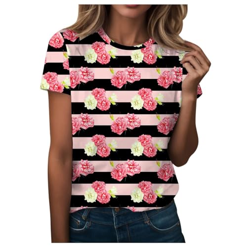 Lässiges T-Shirt für Damen und Mädchen 2024, bedruckt, modisch, lässig, Rundhalsausschnitt, kurzärmeliges Oberteil, Übergröße, extra lange Oberteile für Damen, rose, Large