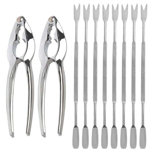 10 Stück Meeresfrüchte Werkzeug Edelstahl Set, 2Stk Nussknacker und 8Stk Nussgabeln, Nußknacker Multifunktional, Seafood Hummer und Krabbe Werkzeugsatz für Walnüsse, Haselnüsse, andere Krebstiere