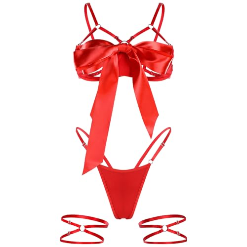 Telooco Desouses für Frauen Sexy Dessous Damen Sexy Unterwäsche mit Schleife Sexy Unterwäsche für Frau Satin Schleife Bodysuit Sexy Dessous-Sets für Weihnachts (Rot)