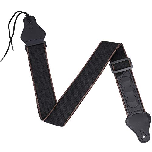 Gitarrengurt Verstellbarer Baumwolle Gitarren-Gurt PU Lederenden Gitarrenband mit 3 Plektrumhaltern für E-Gitarre, Westerngitarre, Akustikgitarre & Bass (Schwarz)