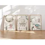 MeinBaby123® Unterwasserwelt Bilder Kinderzimmer | 3er Set DIN A4 | Wal, Qualle, Schildkröte | Kinderzimmer Deko Meer | Kinderzimmer Bilder | Geschenk zur Geburt (Unterwasserwelt V7)