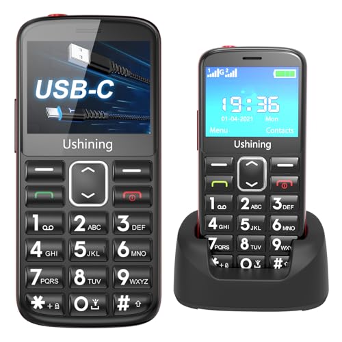 ukuu Seniorenhandy ohne vertrag mit Ladestation 2,3 Zoll USB-C Tastenhandy ohne Vertrag mit großen Tasten GSM Mobiltelefon SOS Notruftaste Tasten Handy für Senioren Schwarz