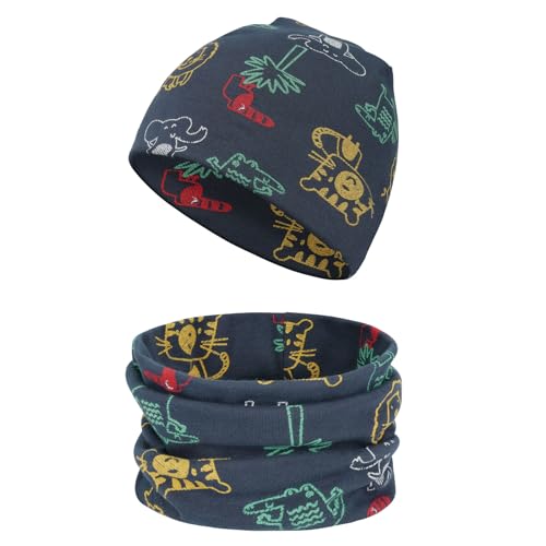 Aolso Kinder Beanie Mütze & Schal Schlauchschal Set, Loop Kinder Mit Beanie Mütze, Kinder Baumwoll Schals, Winter Loop Schal Junge Und Mädchen, Baby Schals (Grau Blau)