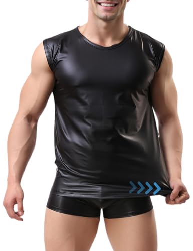 ohyeahlady PU Leder Shirt Männer Sexy Unterwäsche für Mann Wetlook Herren Hemd Tank Top Oberteil Fitness Große Größen Dessous Erotische Reizwäsche Cartsuit Swingerclub Outfit Schwarz XL