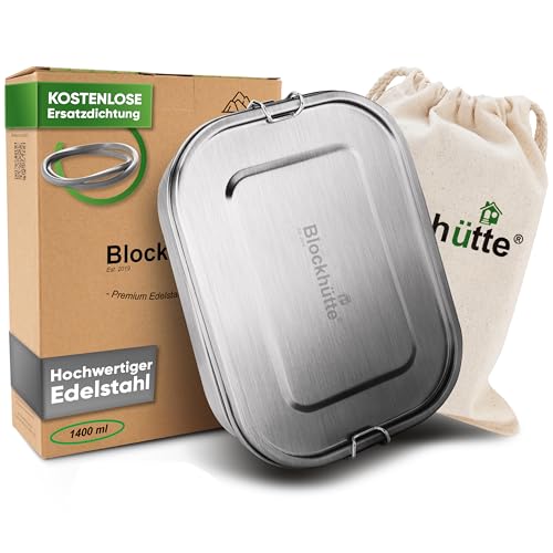 Blockhütte Premium Edelstahl Brotdose I 1400ml I Inkl Austauschdichtung und 2x Trennwand I Die verbesserte Lunchbox ist auslaufsicher und kinderleicht zu Reinigen I Für Kinder und Erwachsene