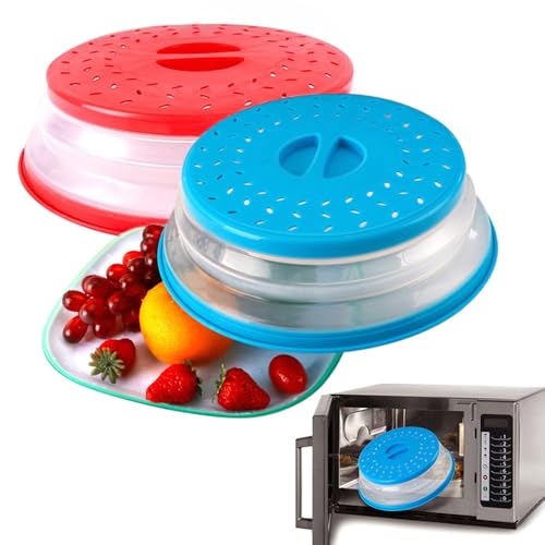 Roysmart Mikrowellen Abdeckung Faltbar, 2 Stück Abdeckhaube für Mikrowellendeckel mit Sieb für die Mikrowelle Verhindert Spritzen auch als Gemüse Obstfilterkorb - Rot & Blau