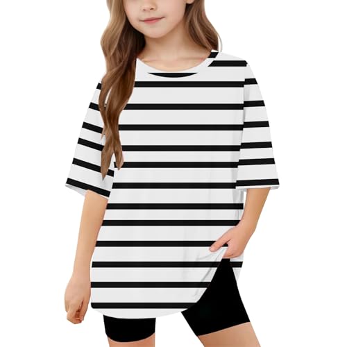 T-Shirt für Mädchen Kurzarm Top Gestreiftes Casual Kinderkleidung Sommer Croptop Basic Kurze Oberteile Atmungsaktiv Sportshirt Rundhals Shirt mit Streifen Schwarz 150
