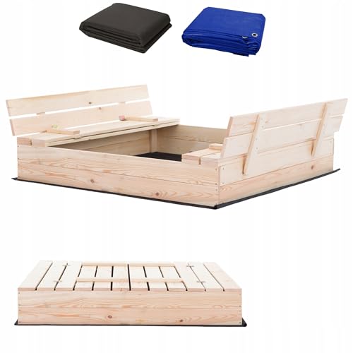 Sandkasten aus Holz 120x120 Imprägniert oder Unbehandelt Sandbox mit Abdeckung Sitzbänken Deckel Plane Sandkiste Sandkastenvlies (120x120 Natur)