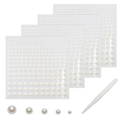 SHUBEIEUMI 900 Stück Perlen sticker, Selbstklebende Halbperlen, 2/3/4/5/6mm Selbstklebende Perlen Aufkleber mit Pick-up-Pinzette für Maniküre, Make up, DIY Handwerk