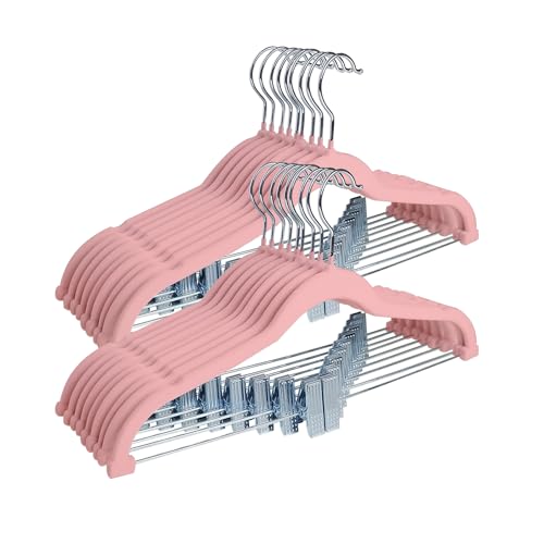 ManGotree Hosenbügel mit beweglichen Klammern, rutschfeste Samtkleiderbügel, platzsparende Rockbügel für Hemden, Hosen, Kleider, Röcke, Mäntel (18 Pack, Rosa)