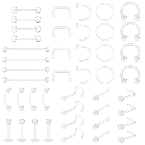 Tucnoeu 44pcs Plastik Piercing für OP Retainers Set Acryl Nasenring, Unterlippen Piercing für Nasen-, Augenbrauen-, Lippen- und Bauchnabelpiercings