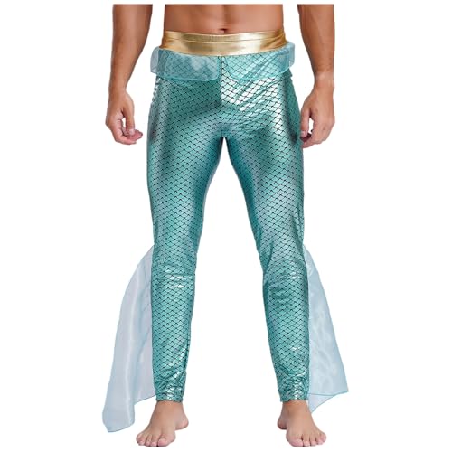Jugaoge Herren Meerjungmann Kostüm Fischschuppen Print Hose Slim Fit Leggings mit Mesh Schlag Glänzend Anzughose Motto Party Clubwear Minzgrün M