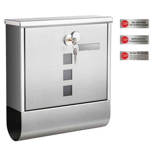 SONGMICS Briefkasten, Postkasten, Schloss mit Kupfer-Schließzylinder und drehbarer Abdeckung, Sichtfenster, Namensschild, Zeitungsfach, einfache Montage, 10 x 30,8 x 33,8 cm, silbern GMB020S02