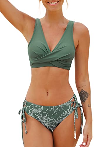 CUPSHE Damen Bikini Set V Ausschnitt Crossover Lace Up Tank Low Waist Bademode Zweiteiliger Badeanzug Swimsuit Dunkelgrün M
