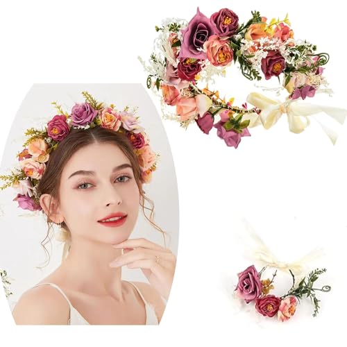 Blumenkranz Haare,Künstliche Blumen Krone,Haar Garland,Blumenkranz Blume Krone Stirnband,Blumen Kranz Stirnband,Einstellbar, Haarreif Blumen für Frauen Hochzeit Party (A)