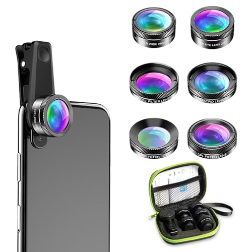 Textiluxe 6 in 1 Handy Objektiv Kit, makro objektiv Handy, fisheye Lens 205°,Weitwinkel 140°,Makroobjektiv (25x),Starlight-Objektiv,ND32/CPL Objektiv für iPhone und die meisten Smartphones
