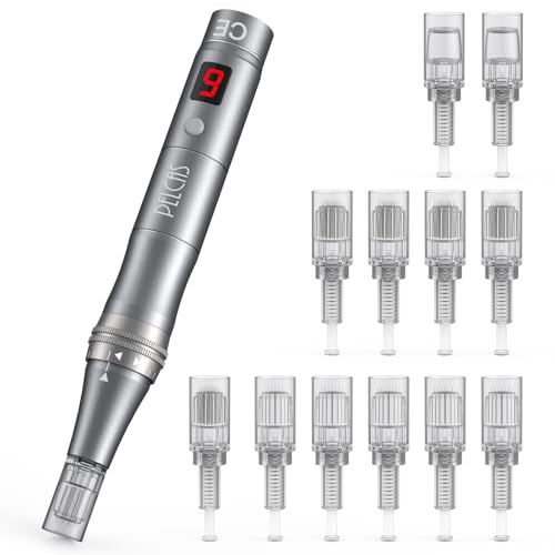 PELCAS Dermapen mit 9 Geschwindigkeitsstufen Mikronadelgerät einstellbare Länge Elektrisch Microneedling Pen Schönheit Pen mit 12 Patronen Wiederaufladbar Kabellos Mikronadel Stift