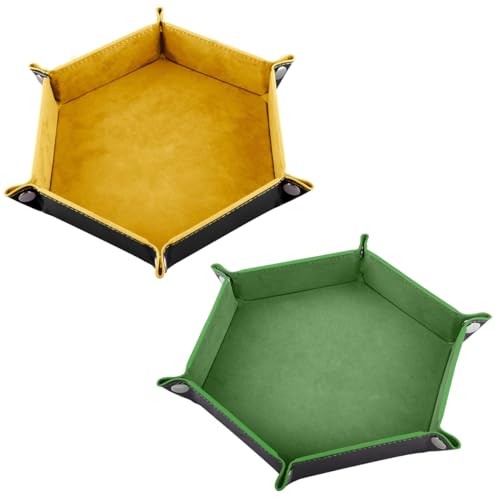 FANXIYA 2 Stück Würfelbretter Leder Würfelteller Hexagon Würfelunterlage Faltendes Würfeltablett Samt Würfelschale Doppelseitig Würfelmatte für Dungeons und Dragons RPG DND usw (Grün+Gelb)