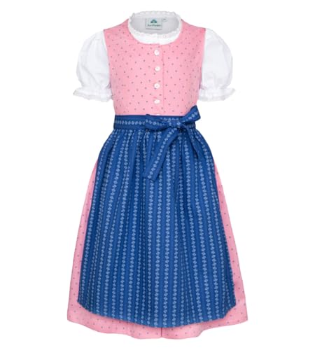 Isar-Trachten Kinder Dirndl 3-TLG. rosa Kleid/Bluse mit Puffärmel/blaue Schürze für Mädchen Oktoberfest Kirchweih Hochzeit Sonntagausflug, Gr. 92