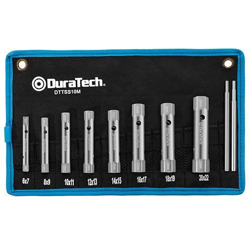 DURATECH 10-tlg Rohrsteckschlüsselsatz inkl. Drehdorn, Metrisch, 6-22 mm, Doppelsteckschlüssel-Set Mit Rolltasche für Arbeiten am Wasserhahn, Zündkerzen Installation und Reparatur