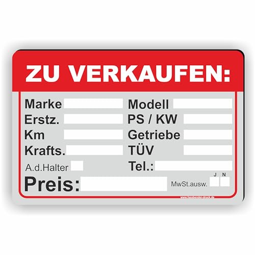 AUTO ZU VERKAUFEN - Verkaufsschild - SCHILD/D-033 (30x20cm Schild)