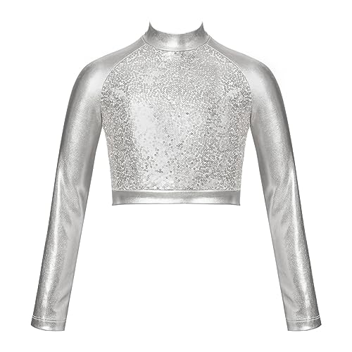 iEFiEL Mädchen Metallic T-Shirt Rollkragen Top Langarm Oberteil Bauchfrei Crop Top Sport Tanztop Kurz Tanzbekleidung Silber 140