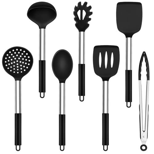 Onader Küchenhelfer Set, 7 Stück Silikon Küchenutensilien Kochbesteck Set mit Edelstahlgriff, Antihaft Kochutensilien Set Sicher für Kochgeschirr, Hitzebeständiger & Spülmaschinenfest, Schwarz