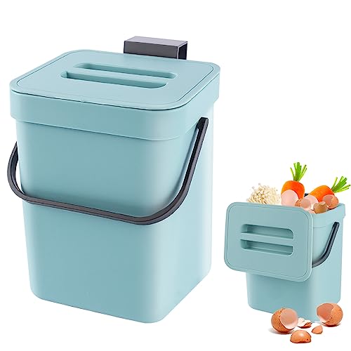 Kleiner Komposteimer für die Küche, Mülleimer, Hängend Biomülleimer, Mülleimer für Arbeitsplatte, Behälter mit Deckel, Komposter, für den Innenbereich, 3 L, Blau