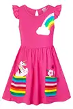 SFreeBo Einhorn Kleid Mädchen Sommerkleid Kinder Rüschenärmel Bunt Taschen Gesticktes Regenbogen Kleid Mädchen 128