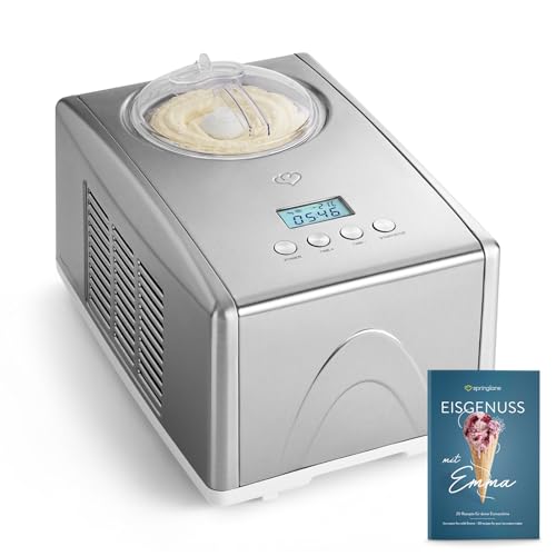 SPRINGLANE Eismaschine Emma 1,5 L mit selbstkühlendem Kompressor 150 W, aus Edelstahl mit entnehmbarem Eisbehälter, inkl. Rezeptheft (Silber, Eismaschine)