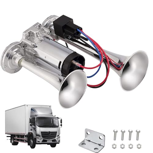 Rppiup LWK Hupe 12V, 600DB Super Laut Air Horn, Doppelrohr Lufthorn Train Horn mit Kompressor, Lufthorn Drucklufthorn Laute Hupe Kit, für 12V Fahrzeuge LKW Lörries Züge Boote Cars Vans, Silber