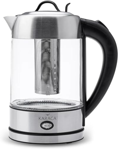 Karaca Wasserkocher Glas 1.7 Liter, Led-Beleuchtung Inox, Edelstahl Kettle, BPA Frei, 2200 Watt, 10/15 Tassen, Warmhaltefunktion, Kräutertee, Teemaschine
