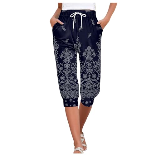Generisch Caprihose Damen Sommer Dreiviertel Haremshose 3/4 Sporthose Pumphose mit Aufdrucken Sommer Stretch Leicht Und Luftig Yogahose Kurze Jogginghos Freizeithose Damen Sommerhose 3/4 Marine,XL