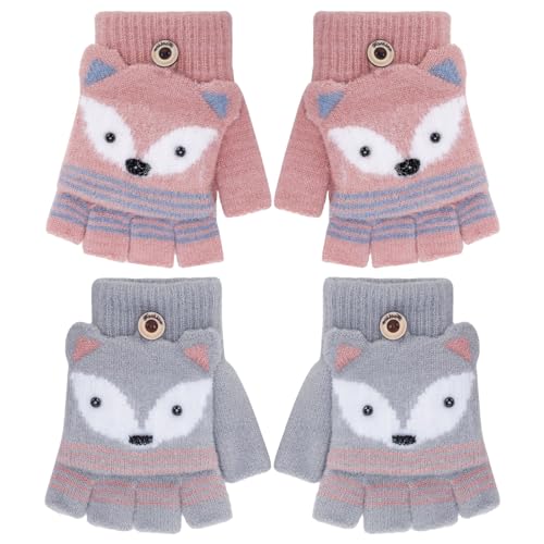 Firtink 2 Paar Kinder Halbfinger Handschuhe mit Flip Top,Fingerlose Handschuhe Fäustlinge Kinder Warm Winter Cartoon Strick Finger Handschuhe für Kinder Jungen Mädchen,7-10 Jahre(One Size Grau,Rosa)