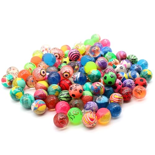 Senvianda 100 Stück Flummis 27mm, Verschiedene Motive, Mix, Flummies für Kinder, Gummiball Flummi, Bunte Flummis Gummibälle, Flummibälle für Kindergeburtstag, Party