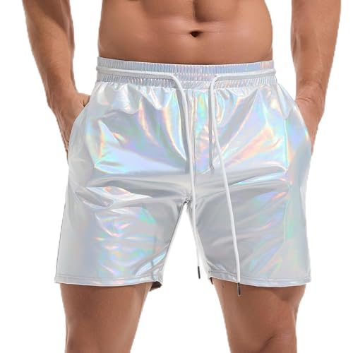 Amy Coulee Metall Shorts Herren Glänzend Nachtclub Disco Party Glänzend Kurze Hose (Helles Silber, M)