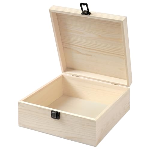 Winter Shore Aufbewahrungsbox Holz Unbehandelt mit Klappdeckel - Deko Holzbox mit Deckel & Frontverschluss für Zubehör, Souvenirs - Lackierbares, Naturbelassenes Kiefernholz - 23 x 23 x 10cm