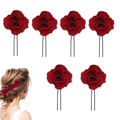 Rose Blume Haarnadel,6 Stück Haarspangen Damen Braut Haarschmuck Haarspangen mit roten Rosen U-Form Rose Brosche Hochzeit Blumen Clips Frauen Rose Blume Haarschmuck für Frauen Mädchen Party Hochzeit