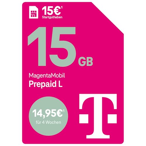Telekom MagentaMobil Prepaid L mit 15 GB Highspeed-Volumen | 5G/LTE Max & Allnet Flat in alle dt. Netze | unverbrauchtes Datenvolumen weiter nutzen | EU Roaming & Hotspot Flat | 15 EUR Startguthaben