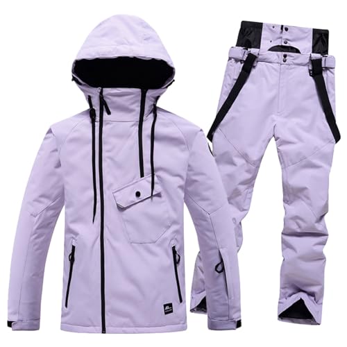 Schneeanzug Damen, Skijacke Damen Winter Adventure Schneeoverall mit Reißverschluss Warme Skianzug Wasserdicht Winddicht Schneeanzug Outdoor Gefütterte Skioverall mit Abnehmbare 2 Teilig Jumpsuit