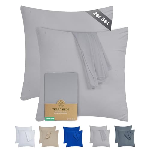 Terra Beds Kissenbezug 40x40 (Set mit 2) - 100% Baumwolle Jersey 160 g/m², Oeko-Tex Zertifiziert - Kopfkissenbezug für Kissen 40x40 mit Reißverschluss, weich und atmungsaktiv - (Silber Grau)